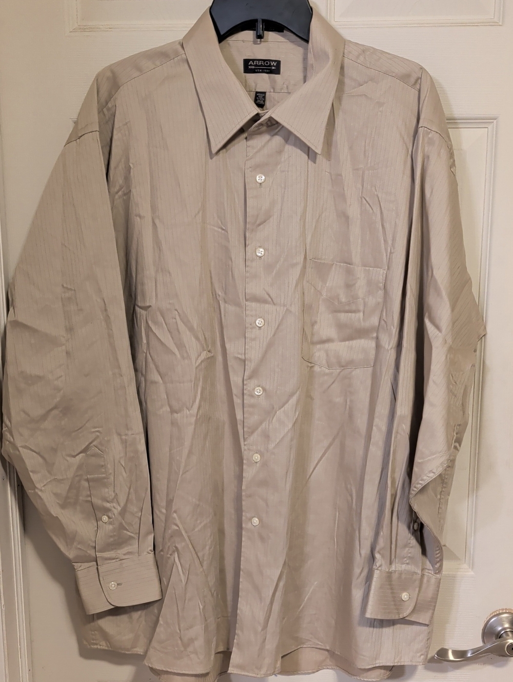 Arrow Men’s Pinstriped Long-Sleeve Dress Shirt in Light Beige Size 2XL